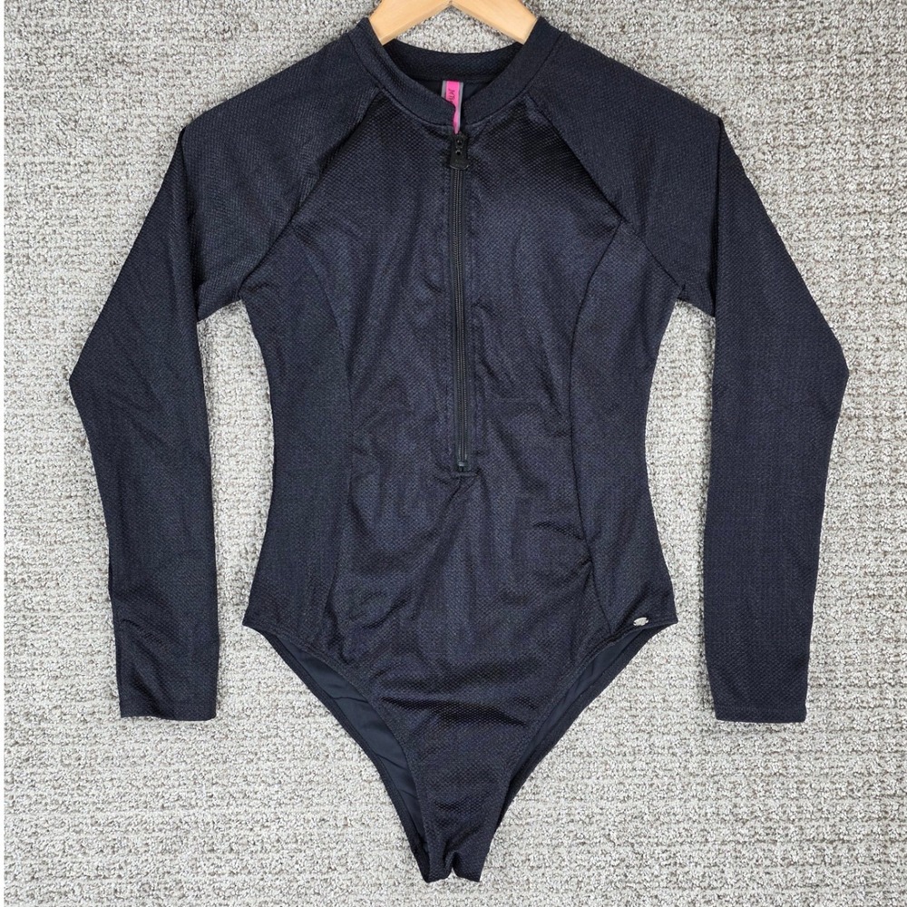 Betsey Johnson Womens Black Long Sleeve Half Zip One Piece Swimsuit Rash Guard L